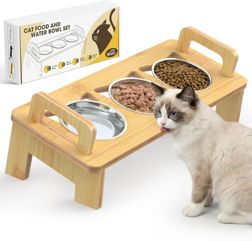 Tazón Elevado de Comida para Gatos, 3 Cuencos Elevados de Acero Inoxidable para Gatos con Soporte, Cuenco Inclinado 15° para Perros Pequeños y