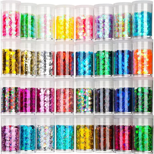 Miniatura 10 de Teenitor - Mezcla de purpurina gruesa y fina para festivales, 32 colores, lentejuelas gruesas, copos iridiscentes de purpurina, cosméticos