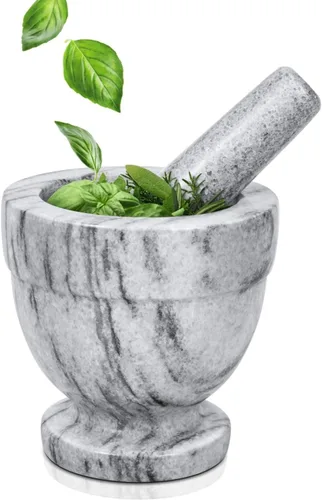 Flexzion Juego de mortero y mortero, blanco – Molcajete de granito pesado sólido de 4 pulgadas molcajete trituradora de piedra para guacamole,