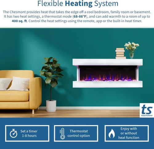 Miniatura 8 de Touchstone Chesmont Chimenea eléctrica inteligente - Chimenea para colgar en la pared con manto flotante blanco de 50" de ancho - Habilitada