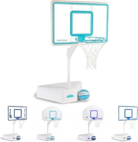 Dunn-Rite Splash & Shoot, aro de baloncesto ajustable para piscina al aire libre con altura variable, pelota, base y borde de acero inoxidable de 18