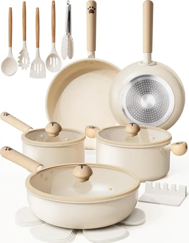 Astercook Juego de ollas y sartenes antiadherentes, juego de utensilios de cocina de cerámica no tóxicos, 18 piezas de utensilios de cocina de