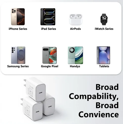 Miniatura 3 de Paquete de 3 cargadores tipo C con cable de 1.8 m de carga rápida para iPhone 17/16/15, bloques de carga USB C de 25 W súper rápidos para Samsung