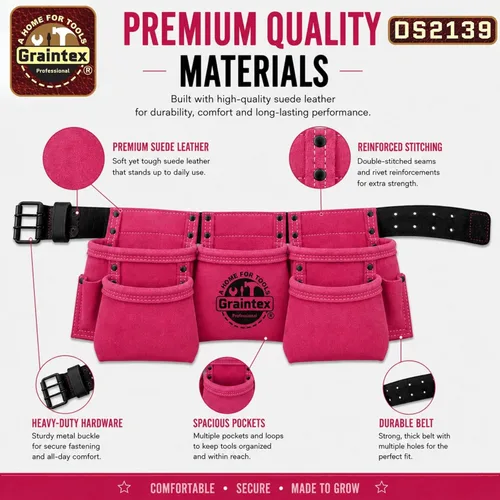 Miniatura 4 de Graintex DS2139: Cinturón portaherramientas de 9 bolsillos para niños en color rosa, cuero de ante, cinturón real para niños, delantal