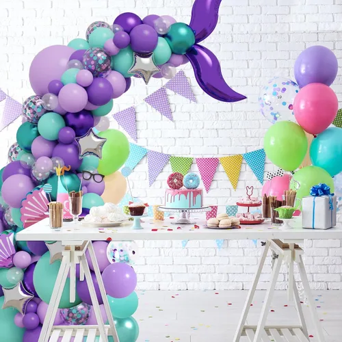 Miniatura 7 de RUBFAC Juego de 65 globos de guirnalda de sirena, globos metálicos de 12 pulgadas de color morado y verde, globos de confeti de látex morado, azul