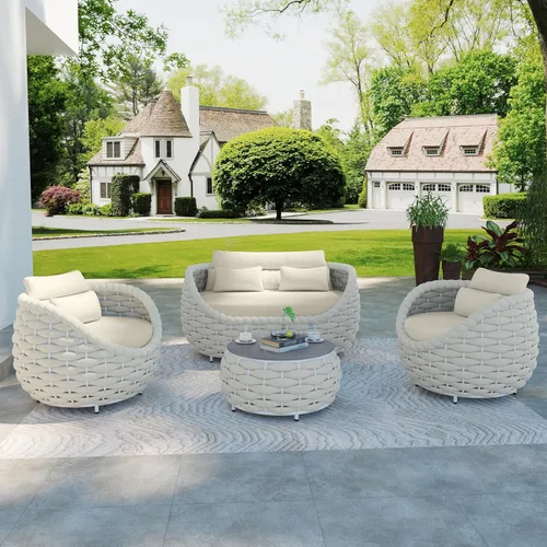 Miniatura 11 de TWT 3-Piece Woven Rope Patio Furniture Set, 2 Outdoor Armchairs with Soft Cushions + Round Aluminum Coffee Table, All-Weather Conversation Set for