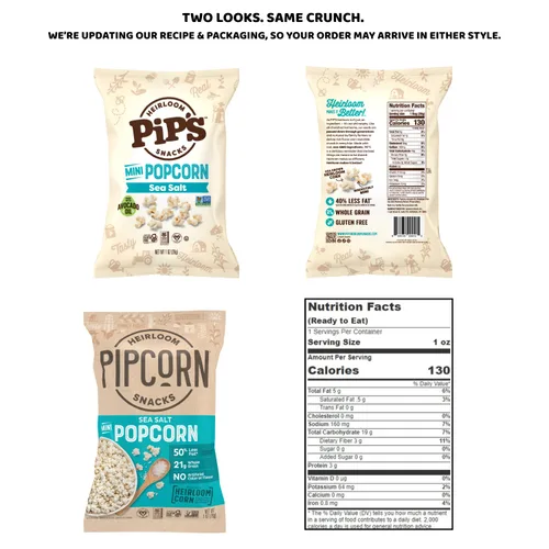 Miniatura 2 de Palomitas de Maíz Mini Tradicional de Pipcorn por Heirloom Pip's Snacks - Sal Marina, 1 oz 24 pz - Paquetes de Snack Saludables y Sin Gluten, Maíz