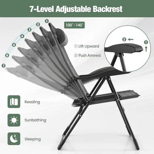 Miniatura 4 de Tangkula Juego de 2 sillas reclinables para patio, sillas plegables para exteriores con 7 posiciones de respaldo ajustables, asiento de tela