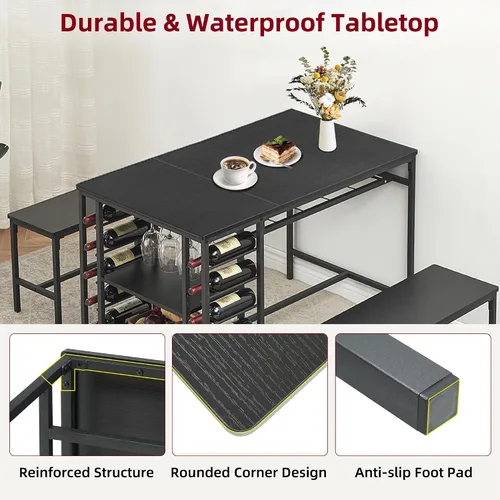 Miniatura 7 de IDEALHOUSE Juego de mesa de comedor para 4, juego de mesa de cocina para 4 con 2 bancos, juego de mesa de comedor rectangular con estante para Negro