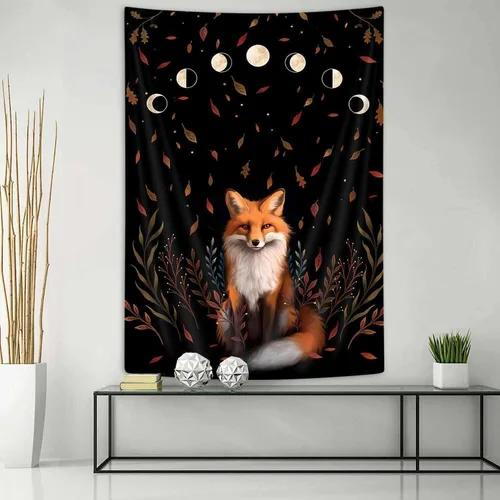 Miniatura 4 de Tapiz vertical estético de fase lunar de zorro, tapiz de tarot floral de bruja, para colgar en la pared para dormitorio, tapiz de hojas de arce