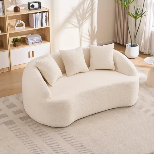 Miniatura 13 de Sofá biplaza curvo de 65 pulgadas para espacios pequeños, sofá biplaza sin hueso, tela de felpilla de grano de madera, no requiere instalación, sofá