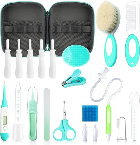 Miniatura 11 de Kit de cuidado de la salud y aseo del bebé, kit portátil 21 en 1 para bebés esenciales con cepillo de alivio de gas, peine aspirador nasal