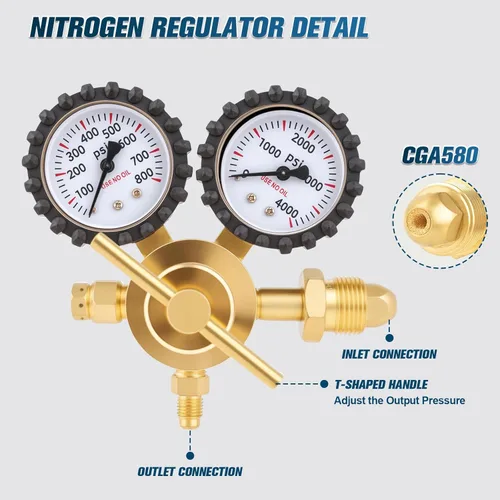 Miniatura 2 de Regulador de nitrógeno Beaiguná, regulador de nitrógeno HVAC de 0-800 PSI con entrada CGA580, conexión de salida de llama macho de 1/4 de pulgada