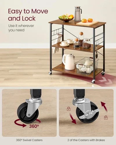 Miniatura 4 de VASAGLE Estante de cocina con ruedas, carrito de servicio de 31.5 pulgadas con 3 estantes, carrito de cocina, estante de microondas, para mini