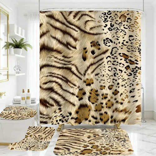 Miniatura 10 de Juego de 4 piezas de cortina de ducha con estampado de leopardo, con alfombra, cubierta de tapa de inodoro y tapete de baño, cortina de ducha roja