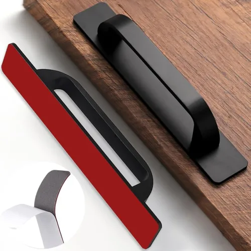 Paquete de 2 manijas planas autoadhesivas de 5 pulgadas de 5.039 in, color negro mate, con placa base, tiradores de gabinete de aluminio para