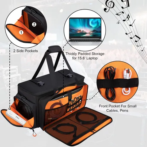 Miniatura 3 de Bolsa grande para cables de DJ con bolsillo para laptop y micrófono, bolsa de DJ para equipo y accesorios de música con divisores desmontables