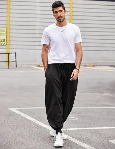 Miniatura 2 de COOFANDY Pantalones de harén hippie para hombre, holgados, de lino, algodón, pantalones de yoga, pantalones de playa de verano, pantalones casuales