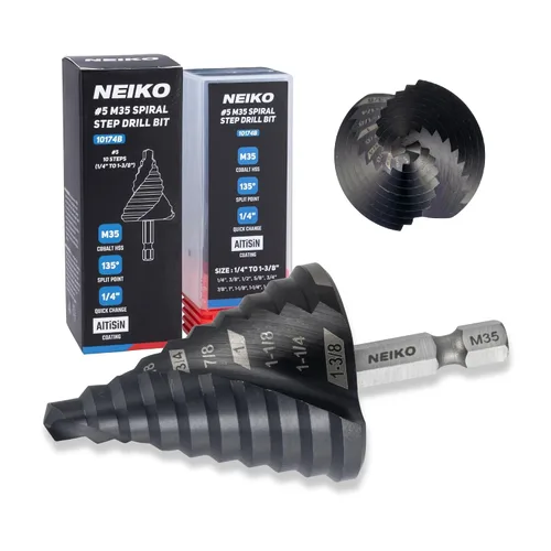 Miniatura 36 de NEIKO 10602B Step Drill Bit, 13 Steps 1/8" to 1/2" Spiral M35 Cobalt, AlTiSiN Coated, 1/4" Quick Change Step Bits for Steel, Metal, Wood, Plastic