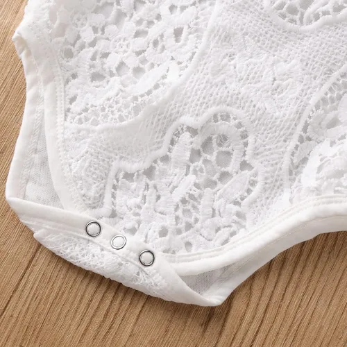 Miniatura 4 de ODIMAME Conjunto de ropa para bebé niña con encaje blanco + jeans rasgados + diadema, conjunto de ropa de verano de 3 piezas