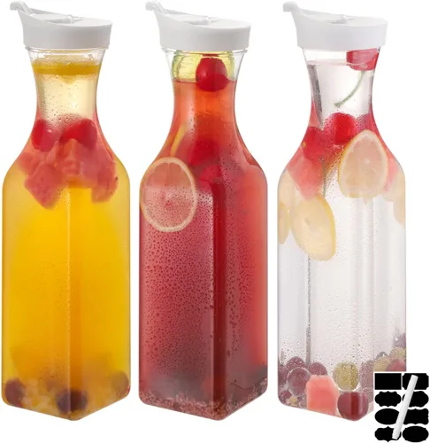 Miniatura 8 de 3 piezas Jarra de agua de plástico de 32 oz con tapa abatible, contenedores de jugo de base cuadrada, jarra de suministros para bar de mimosa