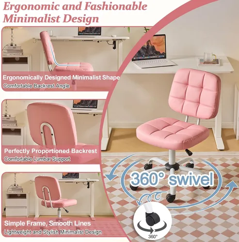 Miniatura 7 de VINGLI Silla de escritorio compacta y pequeña, linda silla sin brazos con ruedas, silla de tocador con respaldo bajo, silla de tarea ajustable
