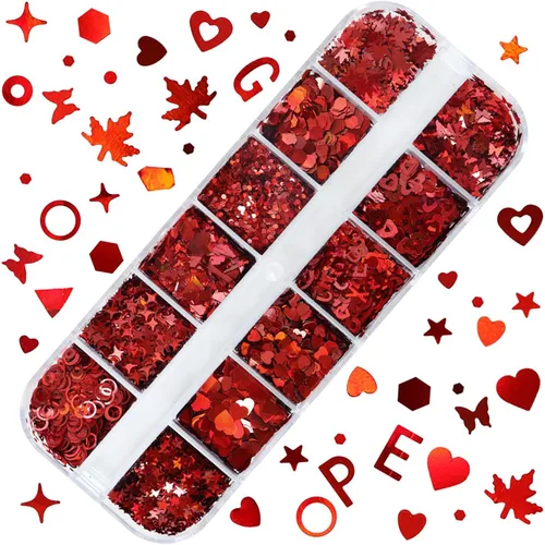 Miniatura 5 de 12 rejillas de San Valentín 3D corazón purpurina uñas lentejuelas corazón rojo purpurina copos corazones arte de uñas con purpurina brillantes