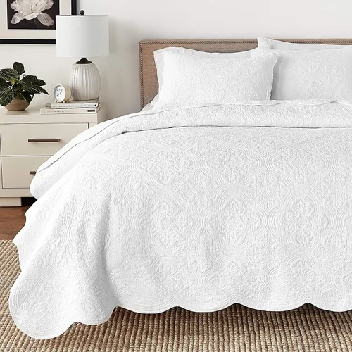 Miniatura 17 de Cozy Line Home Fashions - Juego de edredón de cama de algodón 100% Victoriano con medallón sólido blanco, matelassé, grabado, reversible, ligero