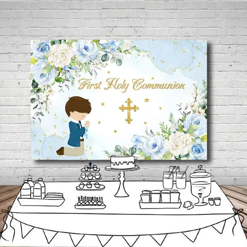 Miniatura 4 de MEHOFOND Telón de fondo azul para la primera comunión Mi Bautizo de 7 x 5 pies para niños, decoración de fiesta de Dios bendiga fondo azul acuarela