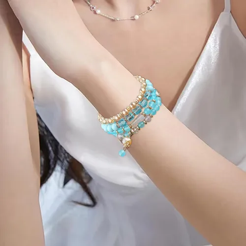 Miniatura 5 de Juego de aretes de joyería para mujer, pulseras apilables con cuentas para mujer, pulseras elásticas multicapa, joyería multicolor