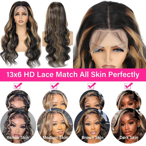 Miniatura 6 de Peluca de Cabello Humano con Encaje Frontal de 34 Pulgadas 1B/27 Balayage Highlight, Pre Depilada 13x6 Encaje HD Ombré Ondulada Corporal 180%