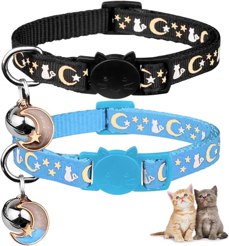 Miniatura 16 de Baeuppit 2 piezas de collares de gato separables con campana, lunas, estrellas, lindos collares ajustables para gatitos con colgante que brillan