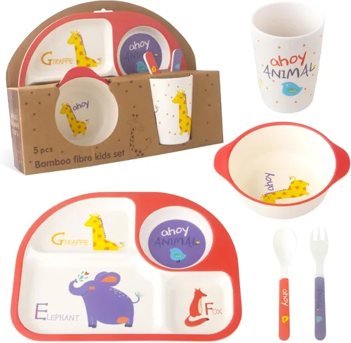 Miniatura 9 de Set de alimentación para niños 5 piezas, juego de vajilla para niños pequeños incluye plato, tazón, taza, tenedor y cuchara, juego de cubiertos