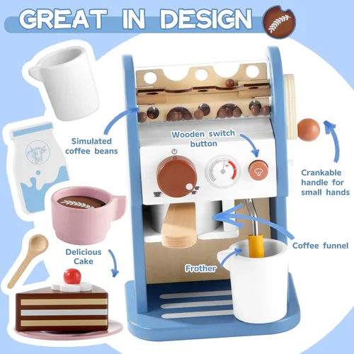 Miniatura 4 de GAGAKU Máquina de café de madera de juguete con molinillo, 15 piezas, accesorios de cocina de madera para niños, no tóxico, juego de simulación, Azul