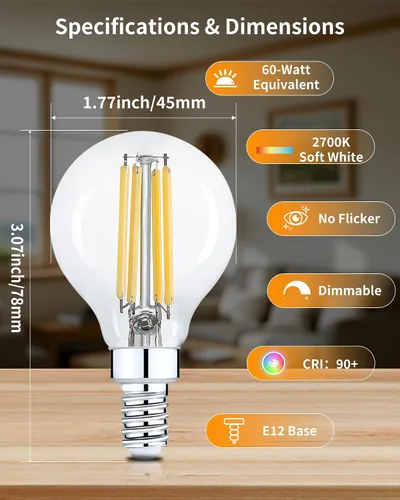 Miniatura 5 de Lafoy Bombillas redondas E12 para candelabros G16.5 equivalentes a 60 W, bombilla LED regulable, luz blanca suave de 2700 K, bombilla globo de 60
