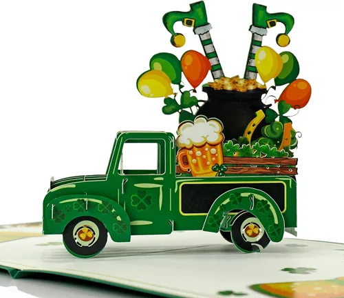 CUTPOPUP - Tarjeta emergente del día de San Patricio, tarjeta de felicitación 3D (coche de patra)