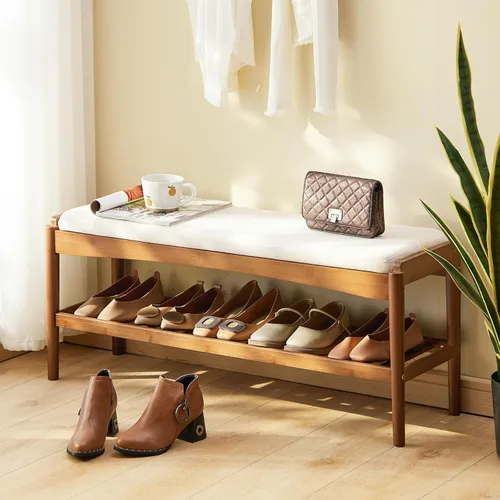 Miniatura 8 de Banco de zapatos de entrada de bambú de 2 niveles con cojín de asiento acolchado, banco de zapatos, organizador estable para entrada, pasillo, sala