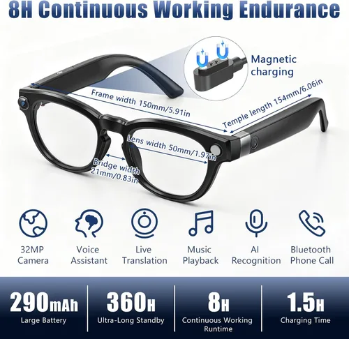 Miniatura 2 de Anteojos inteligentes AI mejorados con cámara de 8MP HD1080P, anteojos de video con cámara y audio - Anteojos de grabación de video con audio