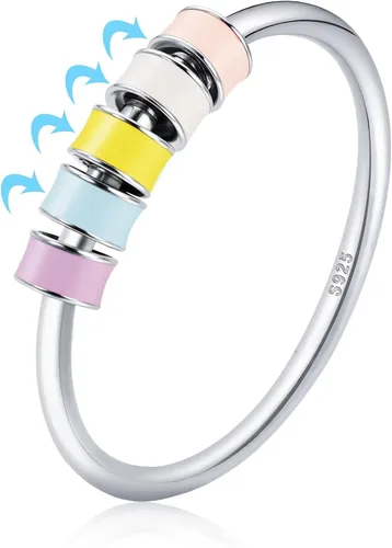 LOVECOM Anillo giratorio de plata de ley 925 con cuentas esmaltadas coloridas para mujer, anillo giratorio antiansiedad, giratorio, apilable, estilo