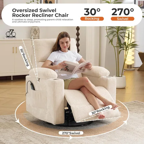 Miniatura 4 de Silla Reclinable Eléctrica de Gran Tamaño Giratoria Deslizante con Masaje y Calor, Sillón Reclinable Giratorio Mecedor con Reposabrazos Ajustables