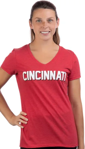 Miniatura 2 de Cincinnati Camiseta clásica retro negra, roja, azul, gris, Ohio City Pride Newport Fan para mujer con cuello en V, Azul