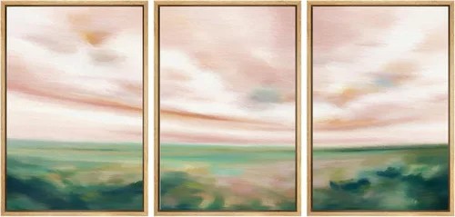 SIGNWIN Conjunto de arte de pared de lienzo enmarcado, acuarela pastel, cielo de nubes rosas, colina verde del campo, naturaleza, vida silvestre,