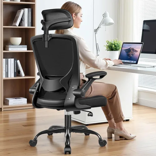 Miniatura 2 de BESTFAIR Silla de oficina ergonómica, sillas de oficina de malla transpirable con soporte lumbar ajustable, brazos abatibles, silla de escritorio
