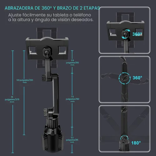 Miniatura 5 de Soporte para tablet con portavasos para coche, soporte ajustable de 360° de 15" de largo con 2 brazos para iPad Pro 12.9/11/10.5/9.7/Air/Mini 6/5/4