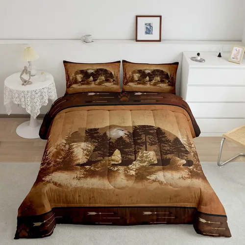Feelyou Juego de ropa de cama de oso rústico de cabaña, tamaño individual, funda de edredón para niños, niñas, adolescentes, naturaleza, vida