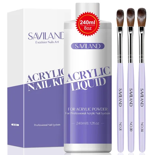 Miniatura 34 de Saviland Kit de iniciación de uñas acrílicas: polvo y líquido acrílico rosa claro nude, cepillo, limas, formularios, uñas a presión, juego