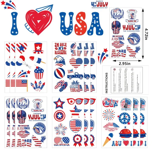 Miniatura 2 de Trajes para mujer del 4 de julio, paquete de 120 tatuajes patrióticos de bandera de Estados Unidos, color rojo, blanco y azul, suministros
