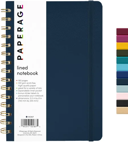PAPERAGE - Libreta espiral con líneas, tipo diario (color azul marino), 160 páginas, diario de tapa dura para mujeres y hombres, tamaño mediano de