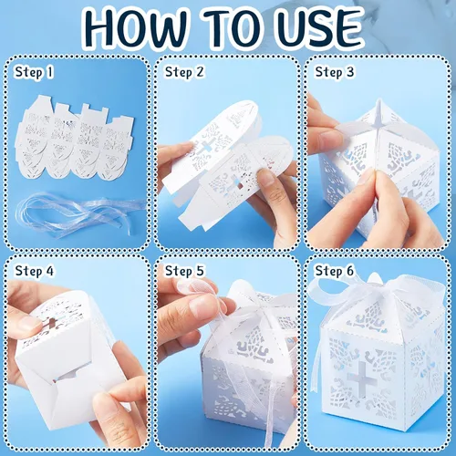 Miniatura 7 de 50 paquetes de recuerdos de bautizo con cuentas de rosario acrílicas, perlas falsas con bolsas de organza y cajas de recuerdos de bautizo con cruz