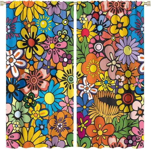 Cortinas florales abstractas, estilo bohemio, colorido, retro, de los años 70, estilo estético, opacas con bolsillo para barra, cortinas de ventana